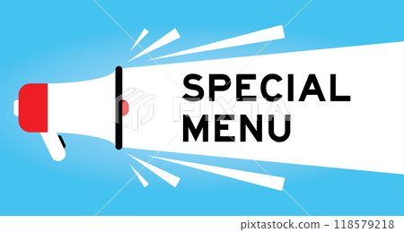 Color megaphone icon with word special menu in white banner on blue background Color megaphone icon with word special menu in white banner on blue background 118579218