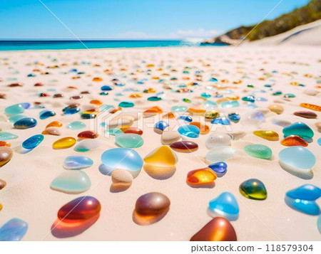 海玻璃閃耀在白色的沙灘上 118579304