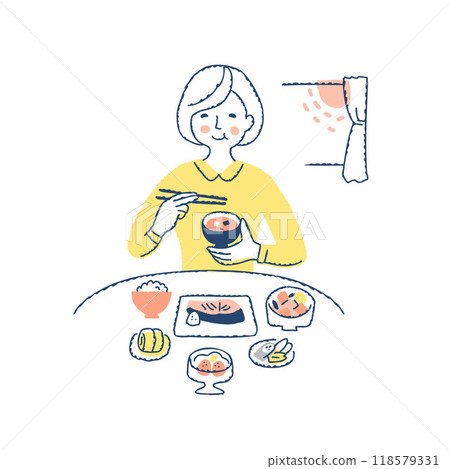 A woman eating a balanced breakfast A woman eating a balanced breakfast 118579331
