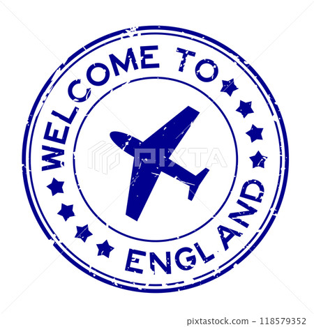 Grunge blue welcome to england with airplane icon round rubber seal stamp on white background 118579352