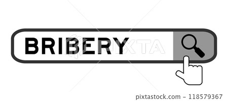 Search banner in word bribery with hand over magnifier icon on white background 118579367