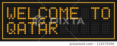 Orange color led banner in word welcome to qatar on black background 118579390