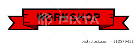 Ribbon label banner with word workshop in red color on white background 118579431