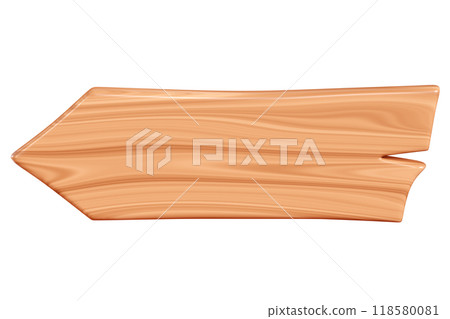 Wooden arrow plaque with cracks and nails for text box. Cartoon 3d render illustration of signboard with brown wood texture. Vintage rustic timber plank, nameplate or board frame with fracture. 118580081