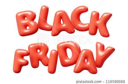 Black Friday red Inflatable flying word for promotion design. 3D render illustration of sale and discount floating text design element. Balloon cartoon volumetric sign for special offer advertising. 118580088