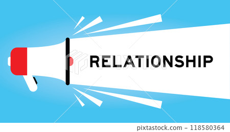 Color megaphone icon with word relationship in white banner on blue background Color megaphone icon with word relationship in white banner on blue background 118580364