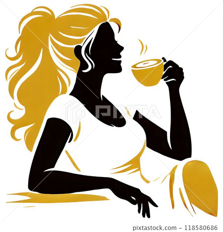 一個微笑的女人坐在沙發上，手裡拿著咖啡杯，看著旁邊的剪影。她的頭髮和罩杯是金色的，臉和身體是黑色的。 118580686