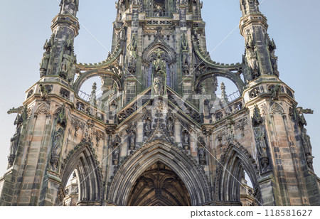 The architectural details of The Scott Monument and spire is a Victorian Gothic monument. The architectural details of The Scott Monument and spire is a Victorian Gothic monument. 118581627