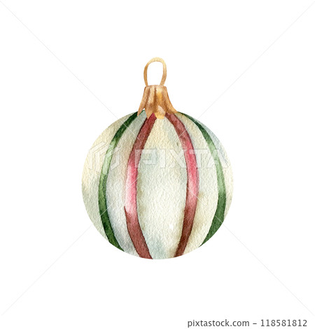 Christmas tree decoration element. Vintage ball with stripes, traditional new year bubble for interior decoration. Greeting card, packing, gift design. Winter colors 118581812