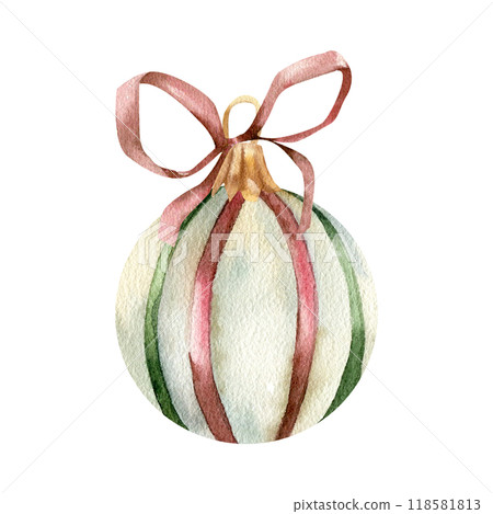 Round Christmas decoration element with red bow watercolor illustration. Hand drawn new year hanging ball with colorful stripes, retro stle for packing, gift, card design 118581813