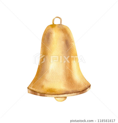 Retro golden bell watercolor isolated element. Hand drawn Christmas and new year celebration decorative element, shiny alarm tool for poster, back to school booklet, packing, label ,logo design Retro golden bell watercolor isolated element. Hand drawn Christmas and new year celebration decorative element, shiny alarm tool for poster, back to school booklet, packing, label ,logo design 118581817