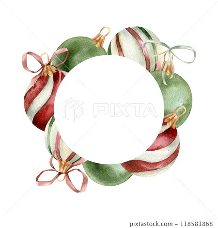 Decorative Christmas tree colorful balls watercolor round frame. Hand drawn banner with new year celebration elements for product packing, logo, web design. Party invitation, greeting card decor Decorative Christmas tree colorful balls watercolor round frame. Hand drawn banner with new year celebration elements for product packing, logo, web design. Party invitation, greeting card decor 118581868