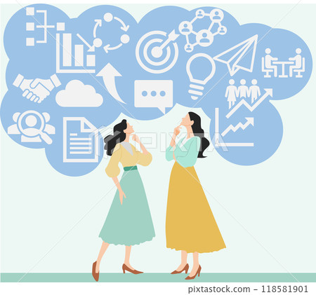 Illustration of a businesswoman thinking about business strategies Illustration of a businesswoman thinking about business strategies 118581901