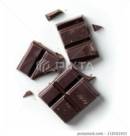 Dark chocolate pieces isolated, Top view 118581933