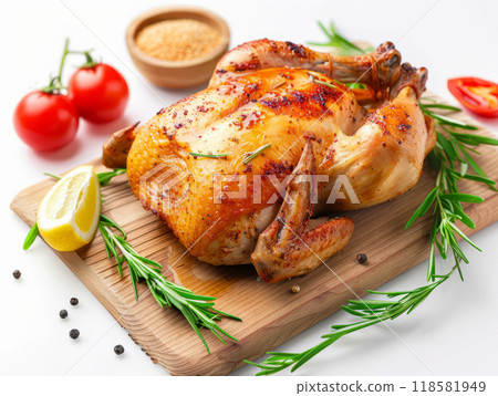 Whole fully cooked roasted chicken on a wooden cutting board. 118581949