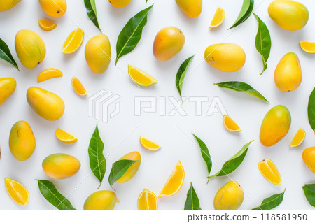 Mango with half slices with green leaves isolated on white background. Abstract background. 118581950