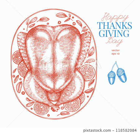Vector Hand Drawn Thanksgiving Dinner Dish Illustration. Festive Food Illustration. Vintage Style Roasted Turkey 118582084