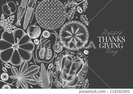 Vector Hand Drawn Chalk Board Thanksgiving Menu Design Template. Festive Food Illustration. Vintage Style Family Dinner Background 118582091