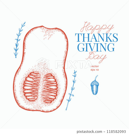 Vector Hand Drawn Thanksgiving Dinner Dish Illustration. Festive Food Illustration. Vintage Style Pumpkin 118582093