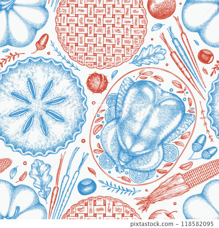 Vector Hand Drawn Thanksgiving Menu Seamless Pattern. Festive Food Illustration. Vintage Style Family Dinner Background Vector Hand Drawn Thanksgiving Menu Seamless Pattern. Festive Food Illustration. Vintage Style Family Dinner Background 118582095
