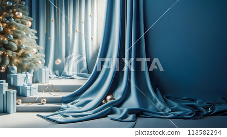 Christmas tree with blue decorations in the room. Christmas and New year concept. 118582294