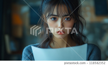 A woman with a complicated expression holding documents 118582352
