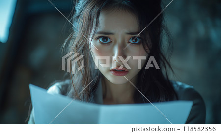 A woman with a complicated expression holding documents 118582356