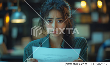A woman with a complicated expression holding documents 118582357