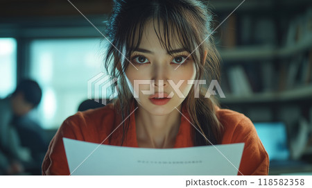 A woman with a complicated expression holding documents 118582358
