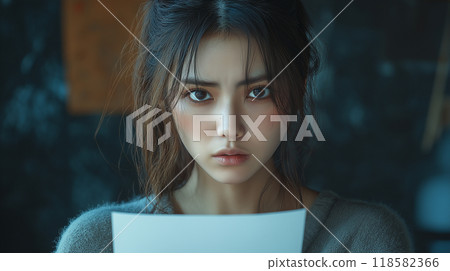 A woman with a complicated expression holding documents 118582366
