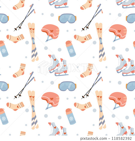 Set winter holiday, sport. Seamless pattern, helmet, skis, skates and other equipment. Vector illustration 118582392