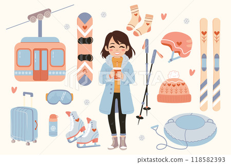 Set winter holiday, sport. Girl, cableway, helmet, skis, skates and other equipment. Vector illustration 118582393