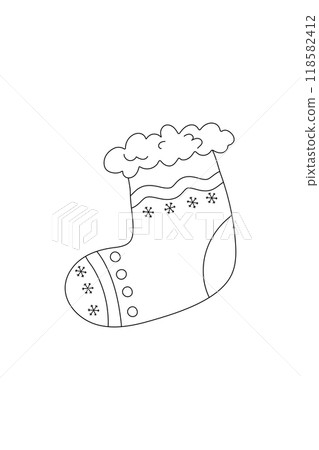 Simple coloring, sock, new year Christmas black and white, line drawing on white background. Simple coloring, sock, new year Christmas black and white, line drawing on white background. 118582412
