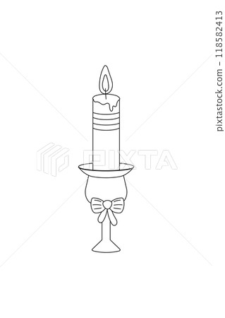 Simple coloring book, candle, new year Christmas black and white, line drawing on white background. Simple coloring book, candle, new year Christmas black and white, line drawing on white background. 118582413