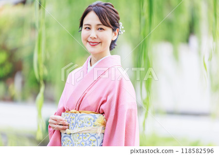 京都白川，一位身穿和服的女子沿著一排柳樹行走 118582596