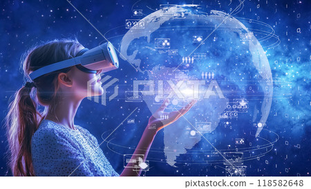 Hi-tech futuristic woman interacting with digital globe 118582648