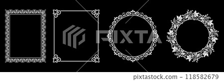 Set of decorative frames Elegant vector element for design in Eastern style, place for text. Floral black and white borders. Lace illustration for invitations and greeting cards. Set of decorative frames Elegant vector element for design in Eastern style, place for text. Floral black and white borders. Lace illustration for invitations and greeting cards. 118582679