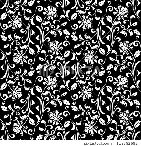Flower pattern. Seamless white and black ornament. Graphic vector background. Ornament for fabric, wallpaper, packaging. Flower pattern. Seamless white and black ornament. Graphic vector background. Ornament for fabric, wallpaper, packaging. 118582682