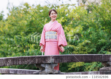 Kyoto sightseeing, a woman in a kimono crossing the Shirakawa Furumonmae Bridge Kyoto sightseeing, a woman in a kimono crossing the Shirakawa Furumonmae Bridge 118582696