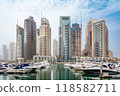 Dubai Marina district, cruise boat and promenade, Dubai, UAE 118582711