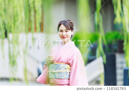 京都白川，一位身穿和服的女子沿著一排柳樹行走 118582763