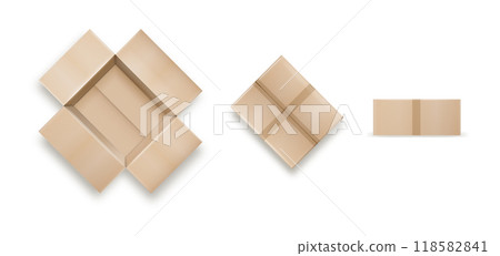 Box. Empty open and closed cardboard box. Realistic cardboard box mockup set from side, front and top view open and closed isolated on white background. Parcel packaging template. Vector Box. Empty open and closed cardboard box. Realistic cardboard box mockup set from side, front and top view open and closed isolated on white background. Parcel packaging template. Vector 118582841