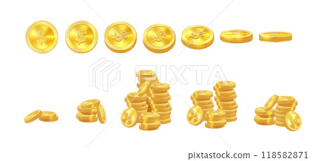 Realistic golden coins pile. Stacks of gold money, cash or treasure. Bank and finance. Investment, profit or gain. Copy space. Vector 118582871