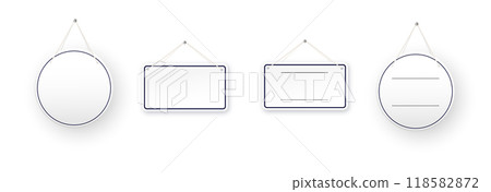 White round shop door signs hanging isolated on transparent background. Empty or blank sign for store, restaurant or cafe. Vector White round shop door signs hanging isolated on transparent background. Empty or blank sign for store, restaurant or cafe. Vector 118582872