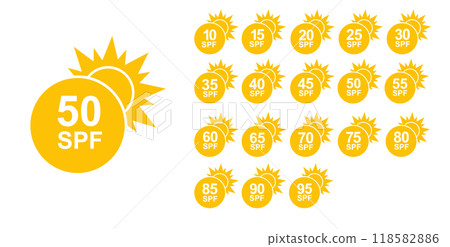 SPF 50 icon. Sun protection for skin. UVA UVB sunscreen protection. SPF icon for or skin cosmetics packaging. Vector 118582886
