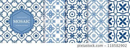 Collection of blue seamless geometric mosaic patterns - trendy tile textures. Decorative ornamental backgrounds. Vector repeatable tileable prints 118582902