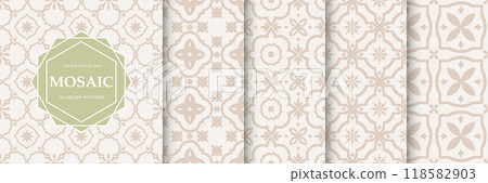 Collection of seamless geometric mosaic patterns - trendy tile textures. Decorative ornamental delicate backgrounds. Vector repeatable tileable prints 118582903