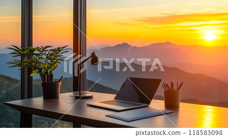 A minimalist modern office with floor-to-ceiling windows 118583098