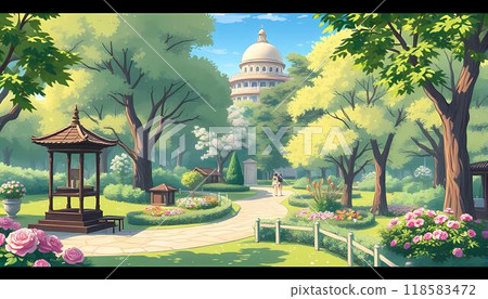 The image depicts a peaceful park scene with a white domed building in the distance, towering over a winding stone pathway leading through lush greenery and blooming flowerbeds. A wooden gazebo is on 118583472