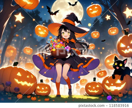 微笑的女巫提著收到的裝滿糖果的籃子 118583916